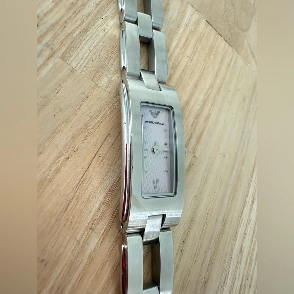 Emporio Armani ladies rectangular stainless steel dress watch NEW BATTERY